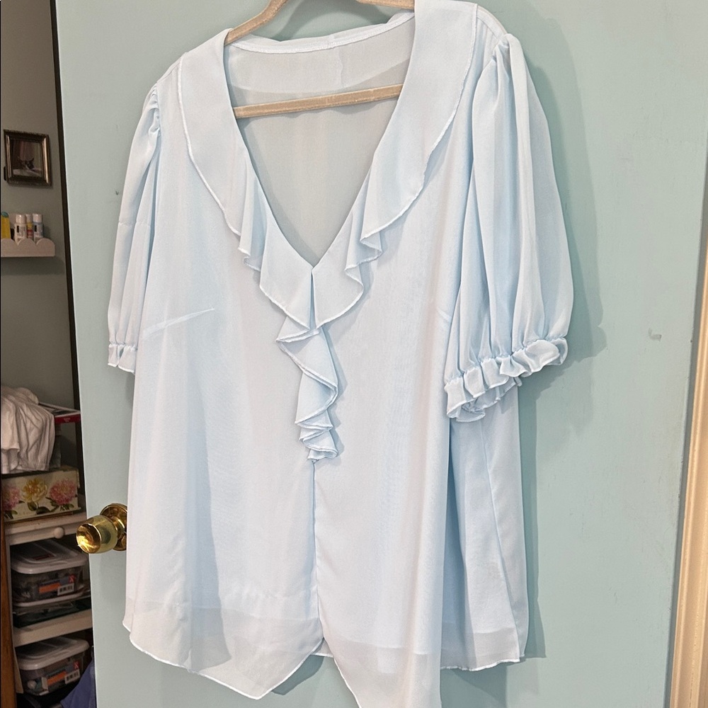 SHEIN Light Blue Silky Ruffle Blouse